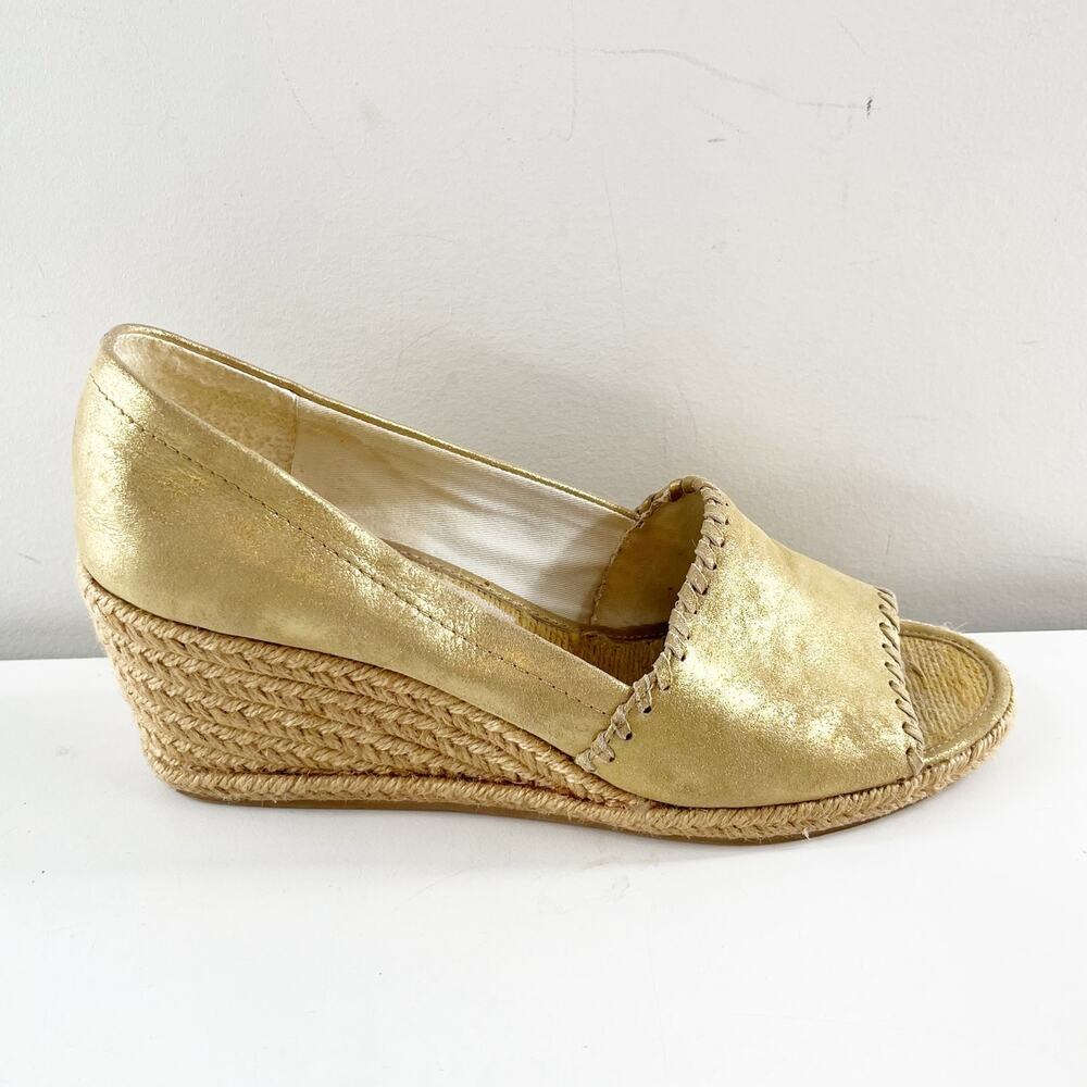 Jack Rogers Palmer Leather Peep Toe Wedge Espadrille Sandals Metallic Gold 8